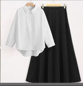 White button down shirt with black skirt
